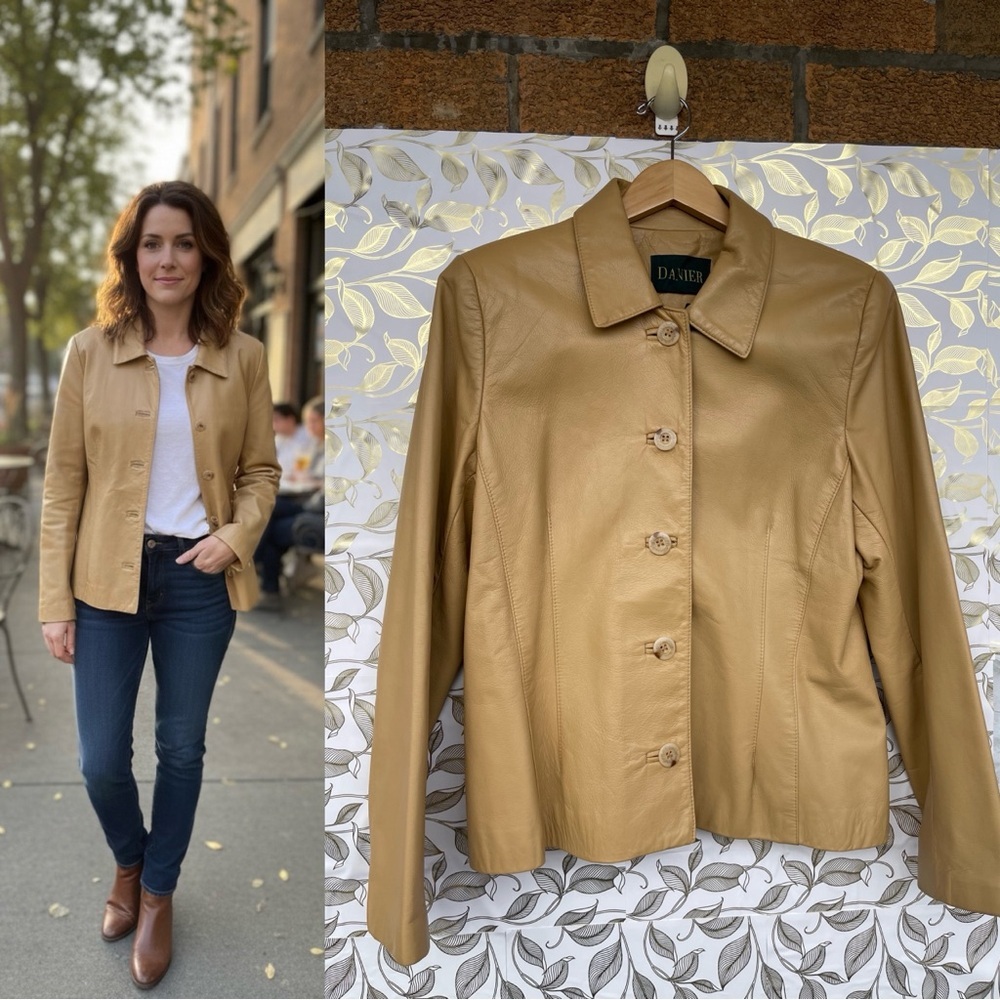 Vintage DANIER Leather Coat Camel Tan 70s Style Retro Boho Mob Wife Core size 12